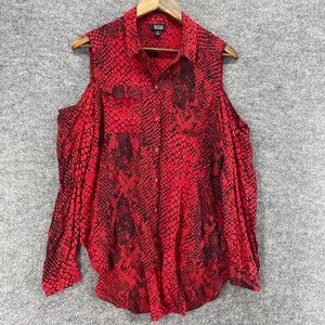A New Approach Shirt Women M Medium Red Animal Print Button Up Cold Shoulder